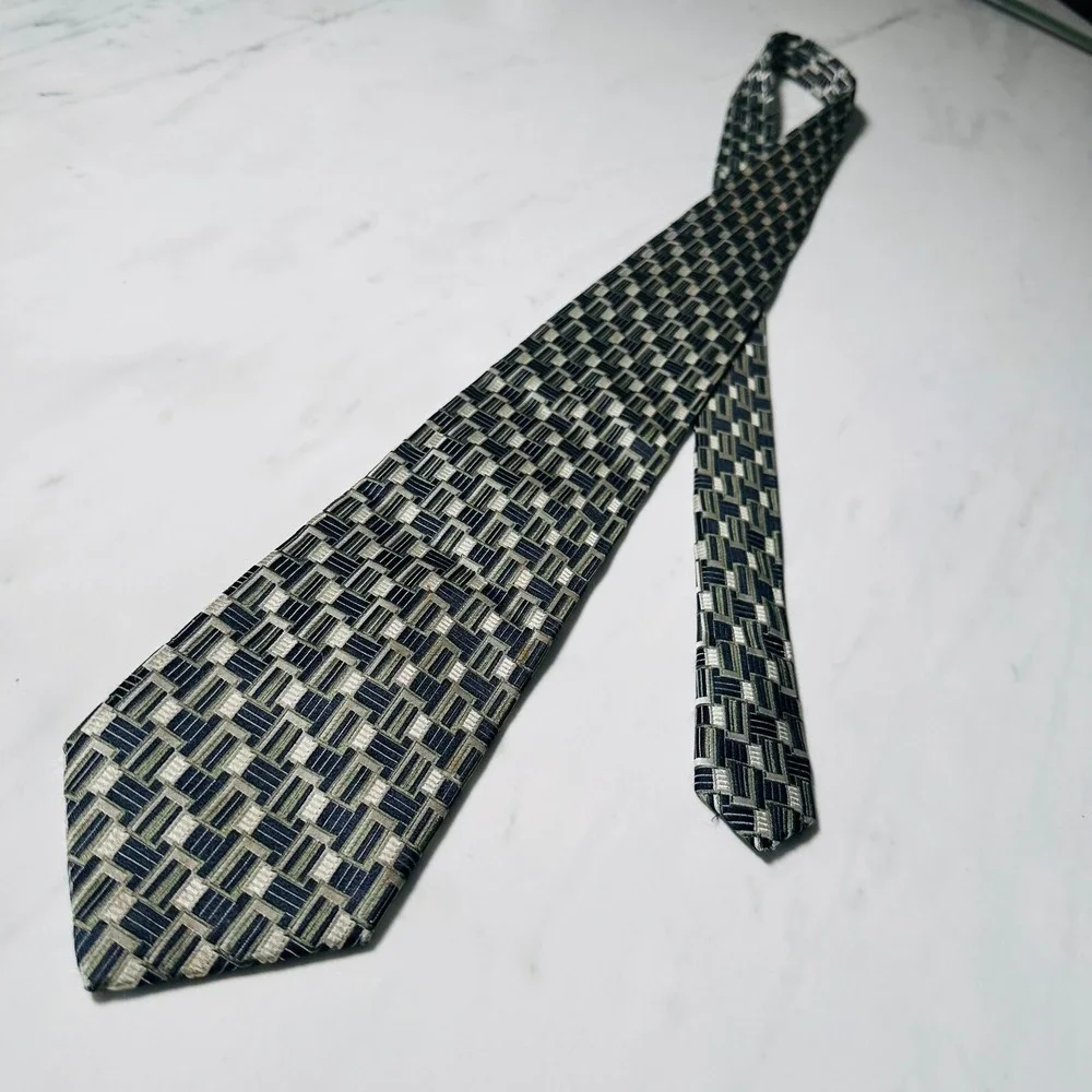 BURMA BIBAS Geometric 2-Tone Green Blue Check 100% Silk Necktie Tie